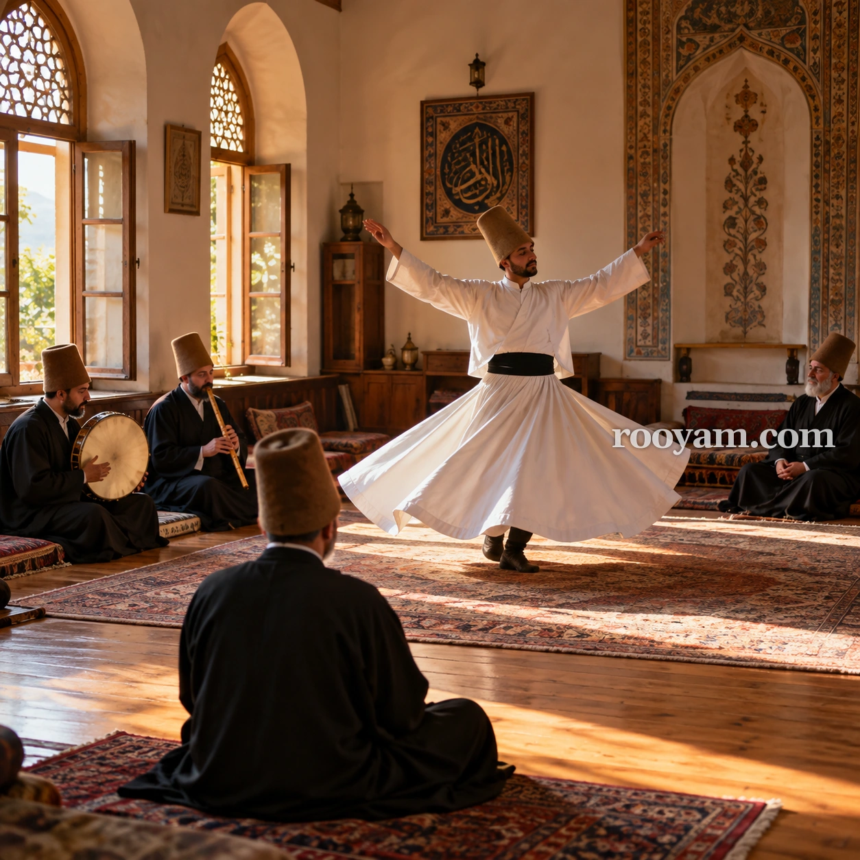 تصوف في المنام: رجل يرتدي الأبيض يدور بينما رجال جالسون يعزفون على آلات موسيقية ويشاهدونه داخل قاعة مزخرفة.