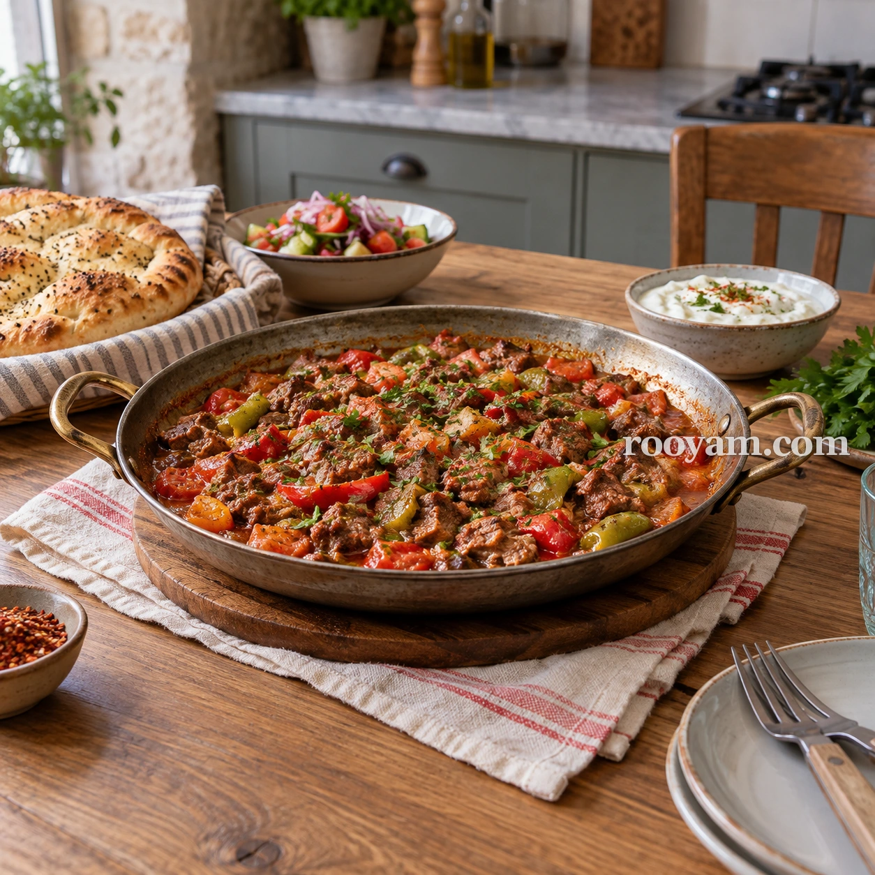 Rüyada Tava kebap: et, domates ve biberli tava kebabı; ekmek, salata ve yoğurdun yanında duruyor.
