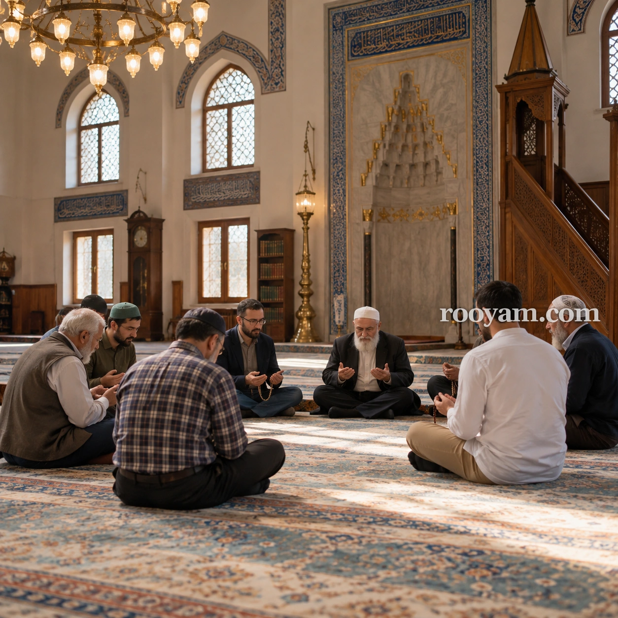 Rüyada Tehlil: bir camide erkekler halının üzerinde halka şeklinde oturmuş, ellerini açarak dua ediyor.