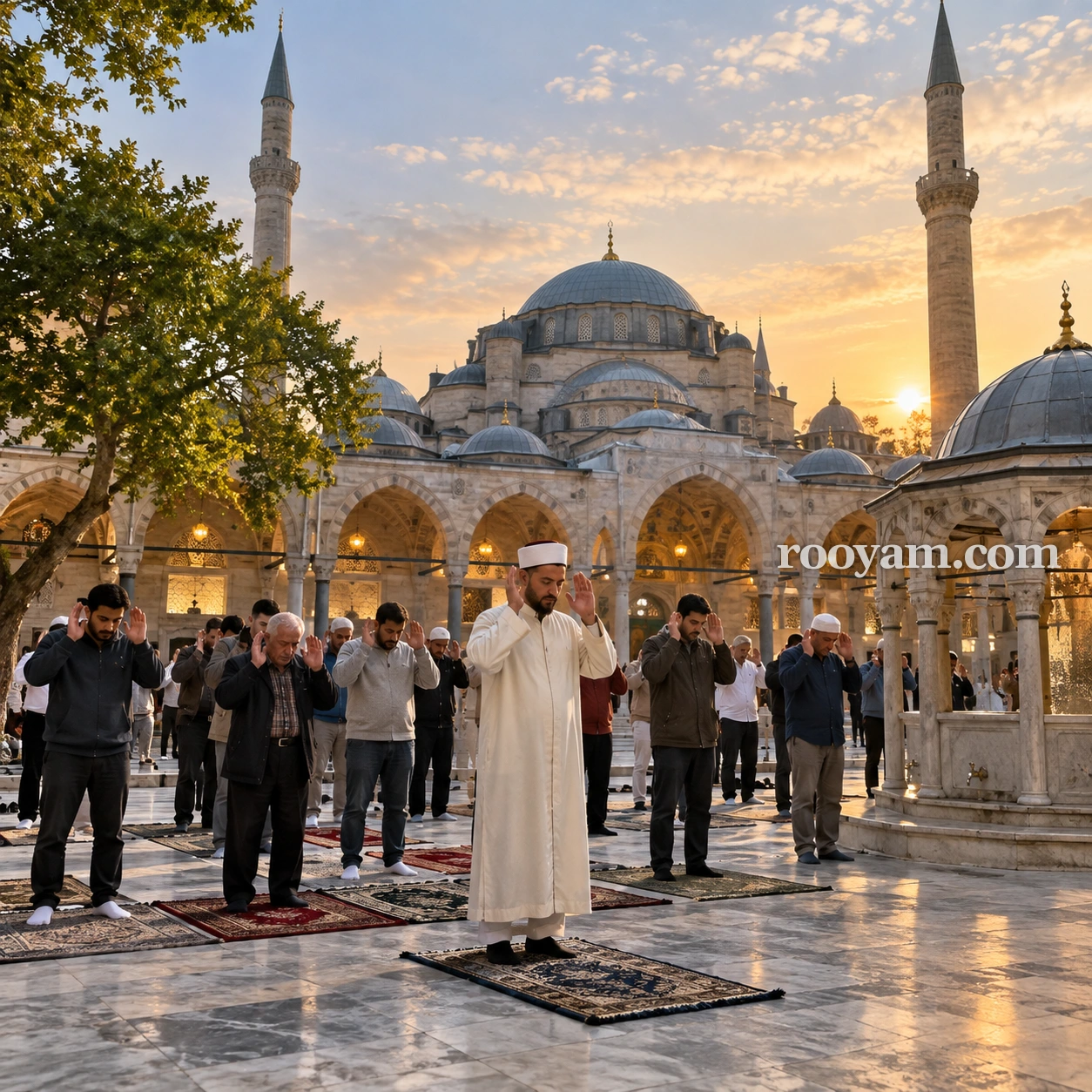 Rüyada Tekbir: erkekler gün batımında bir cami avlusunda ellerini kulaklarının yanına kaldırıyor.