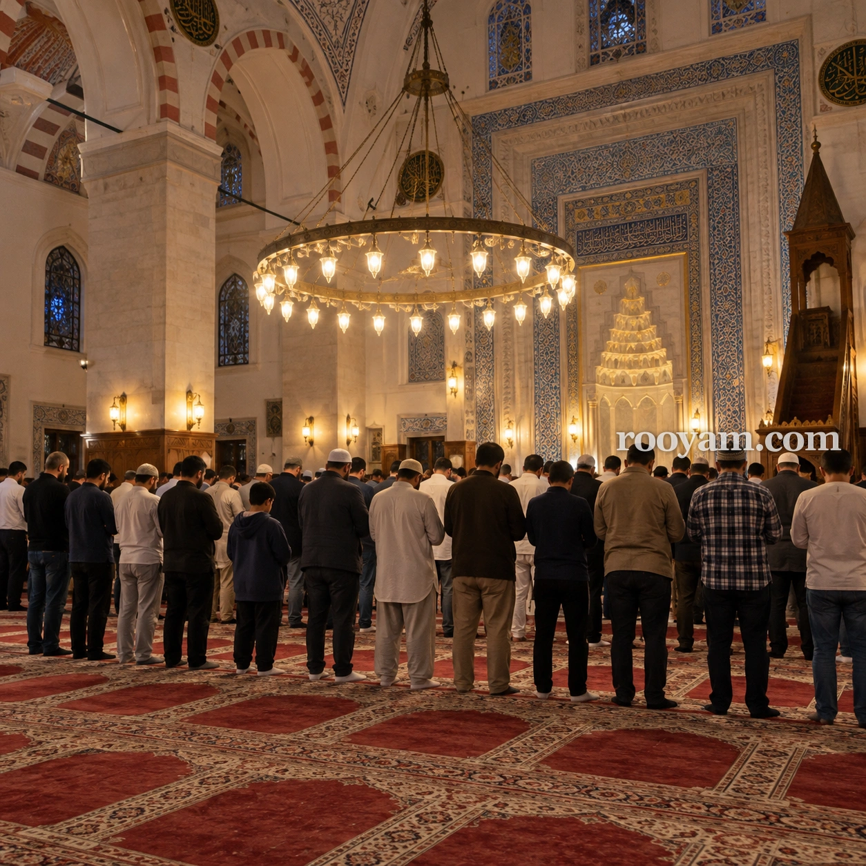 Rüyada Teravih: süslü bir camide, büyük bir avizenin altında erkekler saf halinde namaz kılıyor.