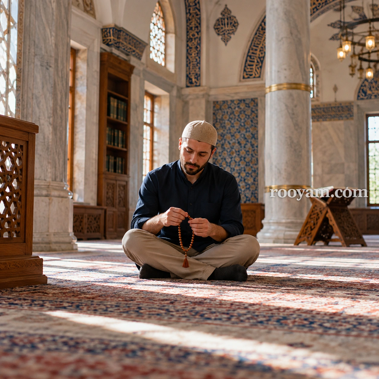 Rüyada Tesbih: bir adam cami halısında bağdaş kurmuş, elinde tespih tutuyor.