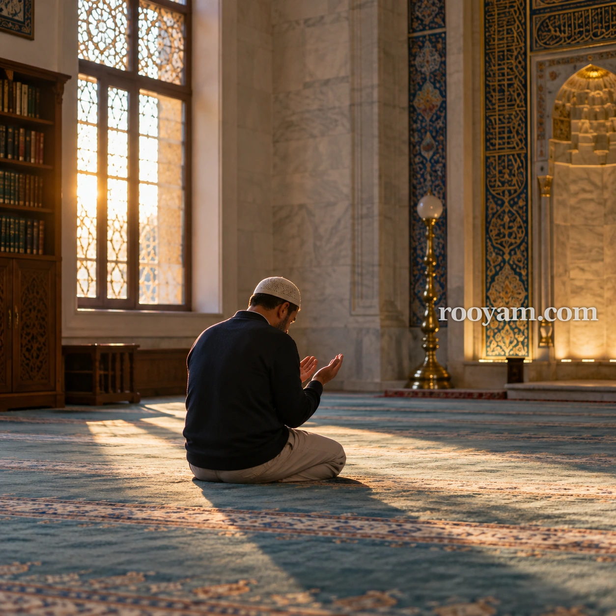 Rüyada Tevbe: bir adam cami halısında oturmuş, ellerini açarak dua ediyor.