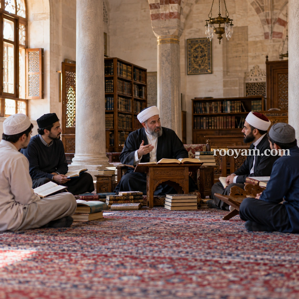 Rüyada Ulema: bir camide, kitapların arasında oturan beş erkekten biri diğerlerine konuşuyor.