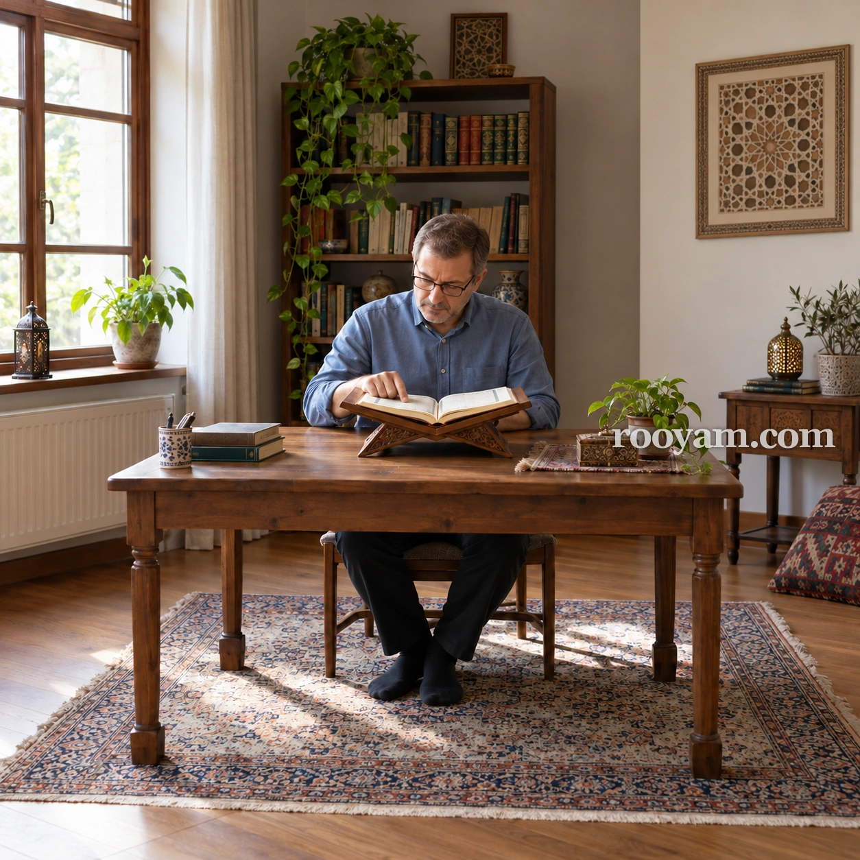 Rüyada Âyet: gözlüklü bir adam, ahşap rahle üzerindeki açık Kur'an'da bir satırı işaret ediyor.
