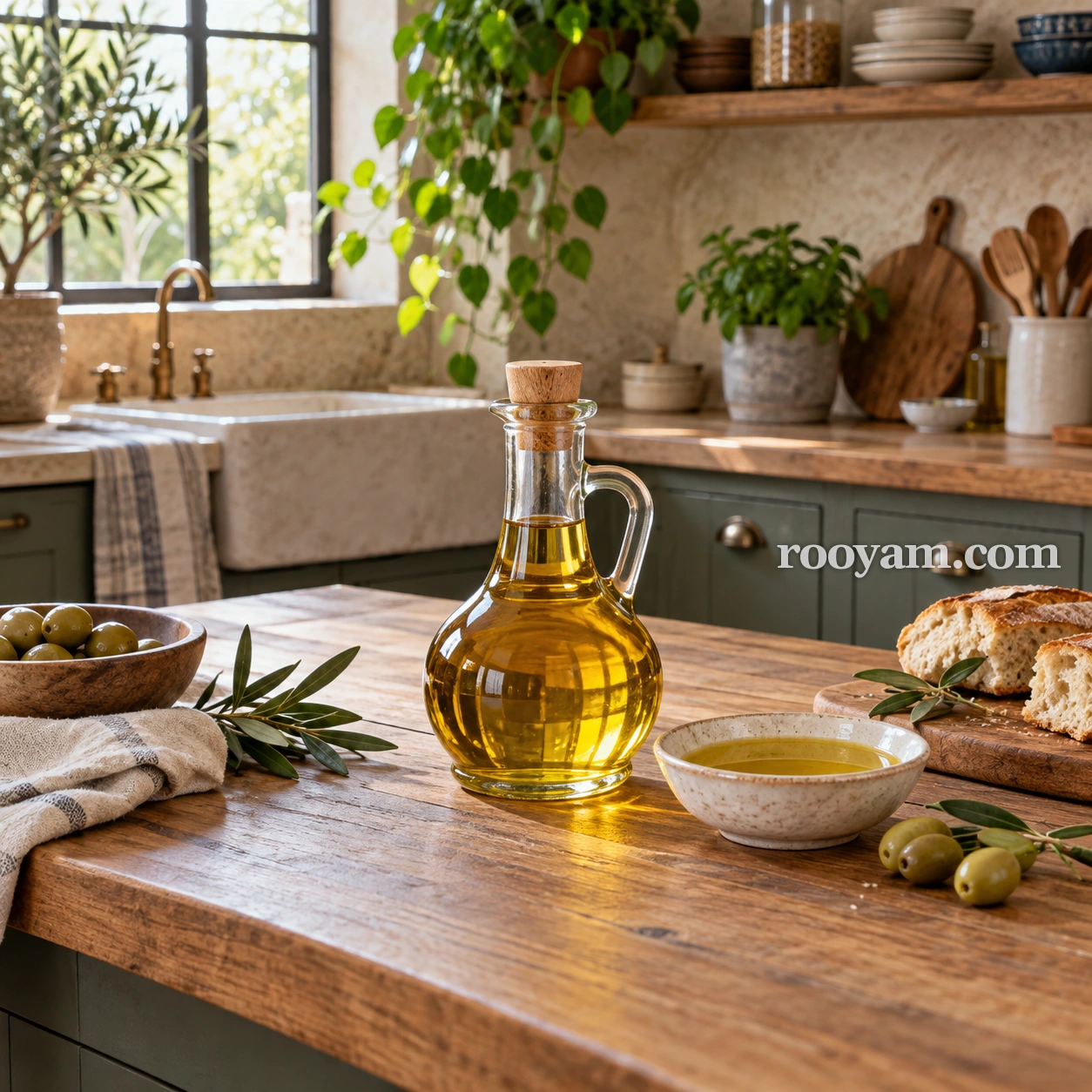 Rüyada Yag: cam bir zeytinyağı şişesi, yağ dolu bir kâse, zeytinler ve ekmeğin yanında duruyor.