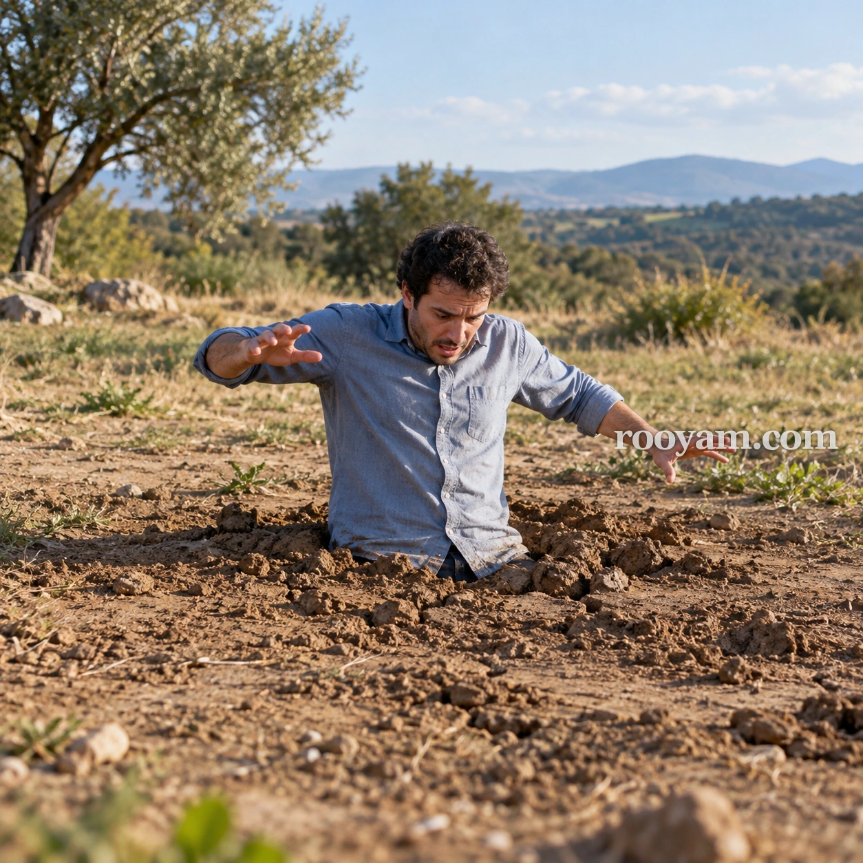 خسف في الأرض في المنام: رجل يرتدي قميصًا أزرق غارق في التراب حتى خصره وذراعاه ممدودتان إلى الجانبين.