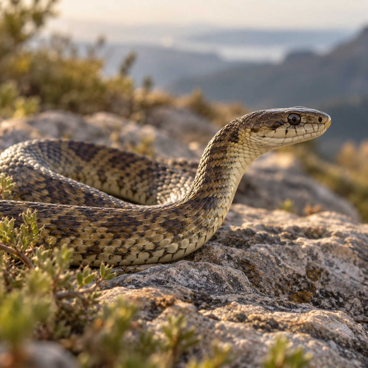 A realistic snake resting on sunlit natural rock.