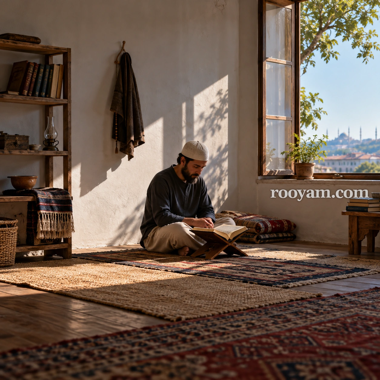 Rüyada Zuhd: sakallı bir adam, güneş alan pencerenin yanında halı üzerinde oturup açık bir kitap okuyor.