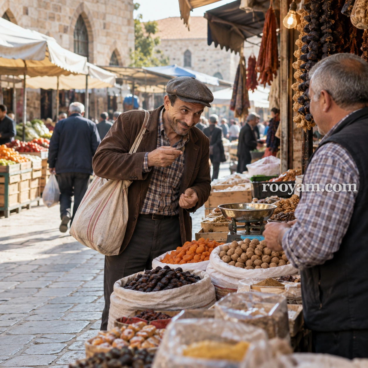 شخص داهية في المنام: رجل يرتدي قبعة مسطحة يشير بيده نحو بائع في سوق مزدحم بالفواكه المجففة.