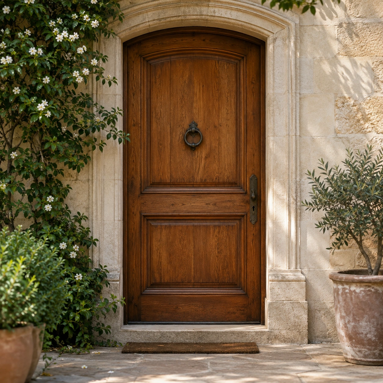 A wooden entrance door set in a stone wall