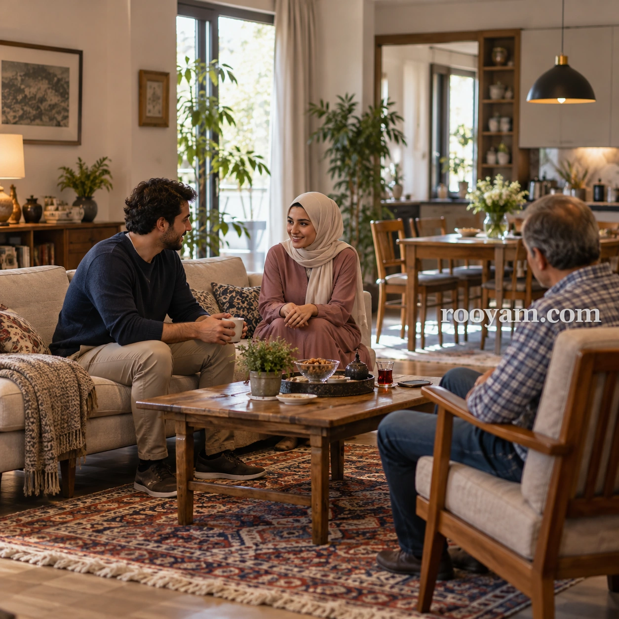 Rüyada Baldız: başörtülü bir kadın, oturma odasında sehpanın etrafında iki erkekle oturuyor.