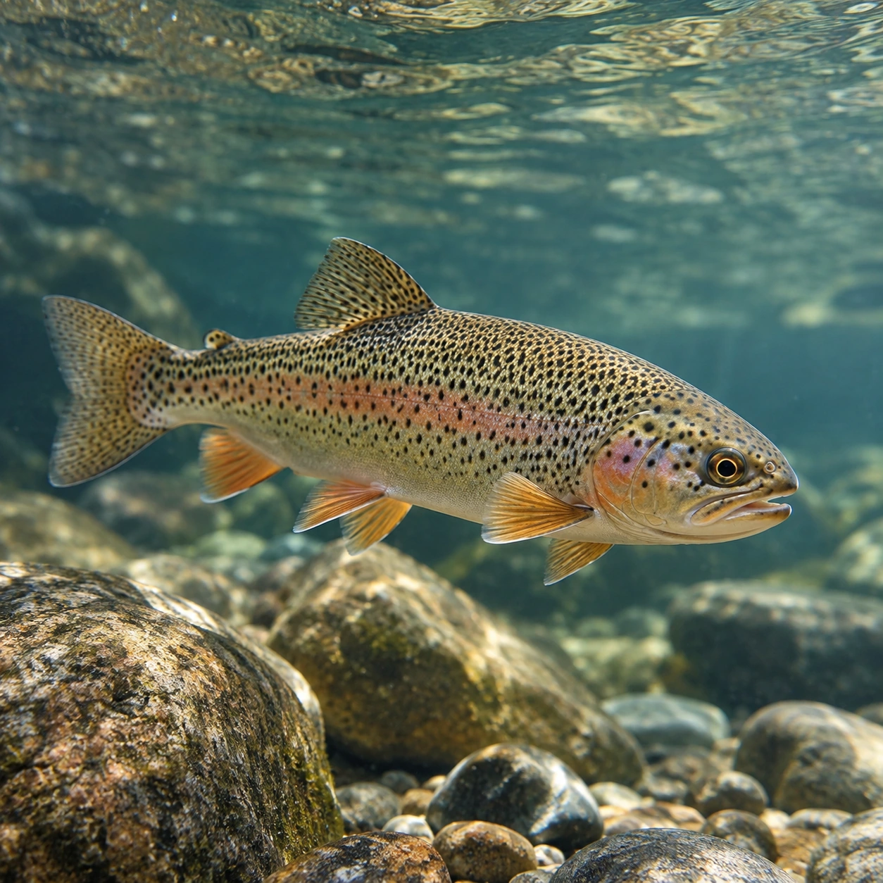 A fish swimming underwater above a rocky riverbed