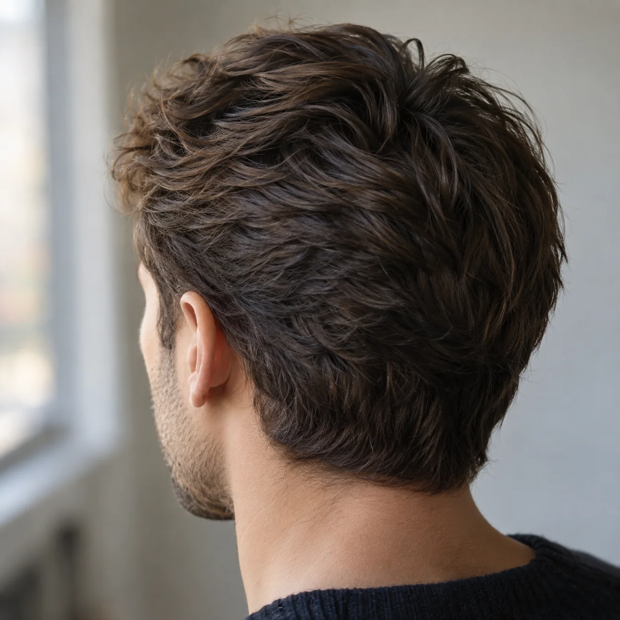 Back and partial side view of a man's natural dark hair