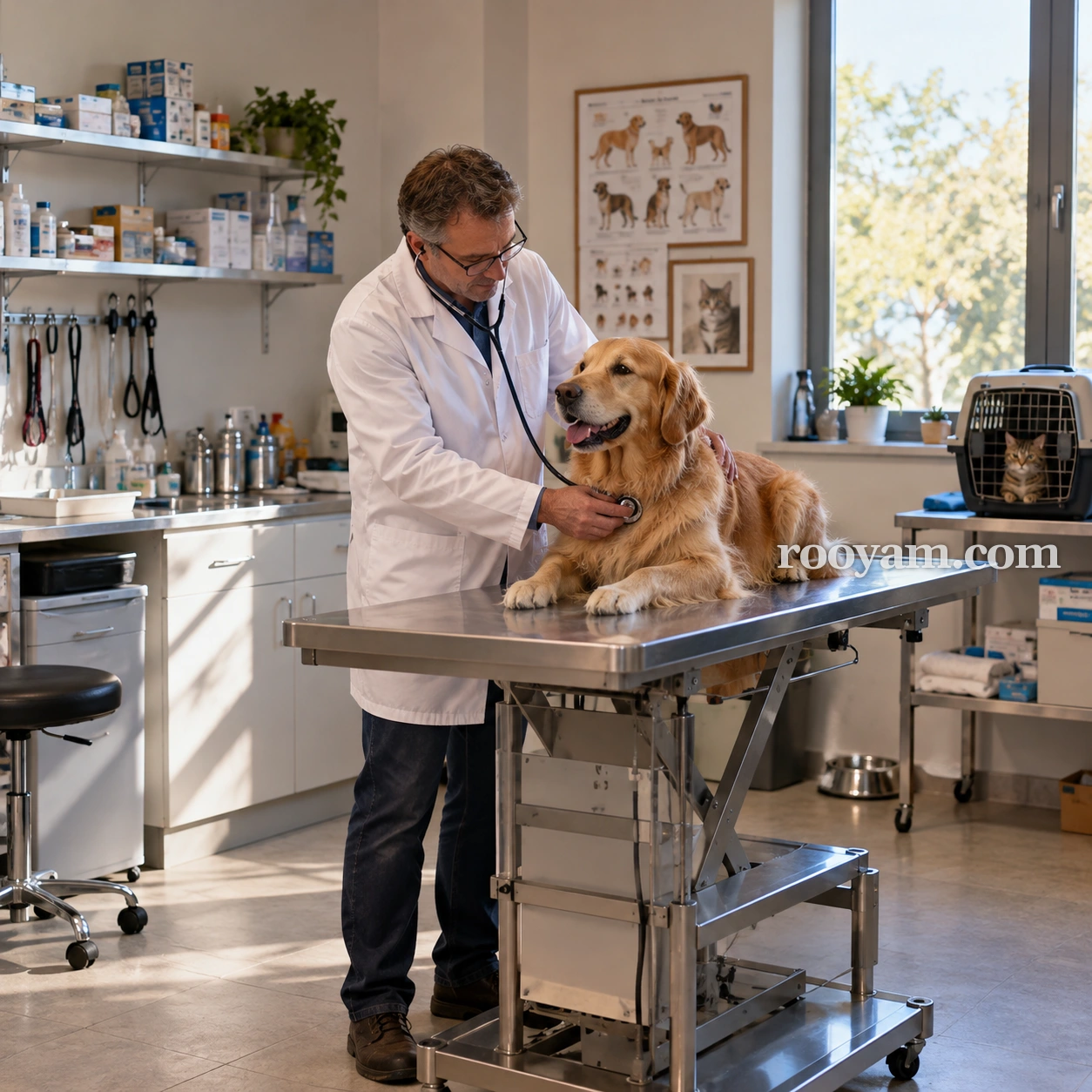 Rüyada Veteriner: erkek bir veteriner klinikte stetoskopla bir golden retriever köpeğini muayene ediyor.
