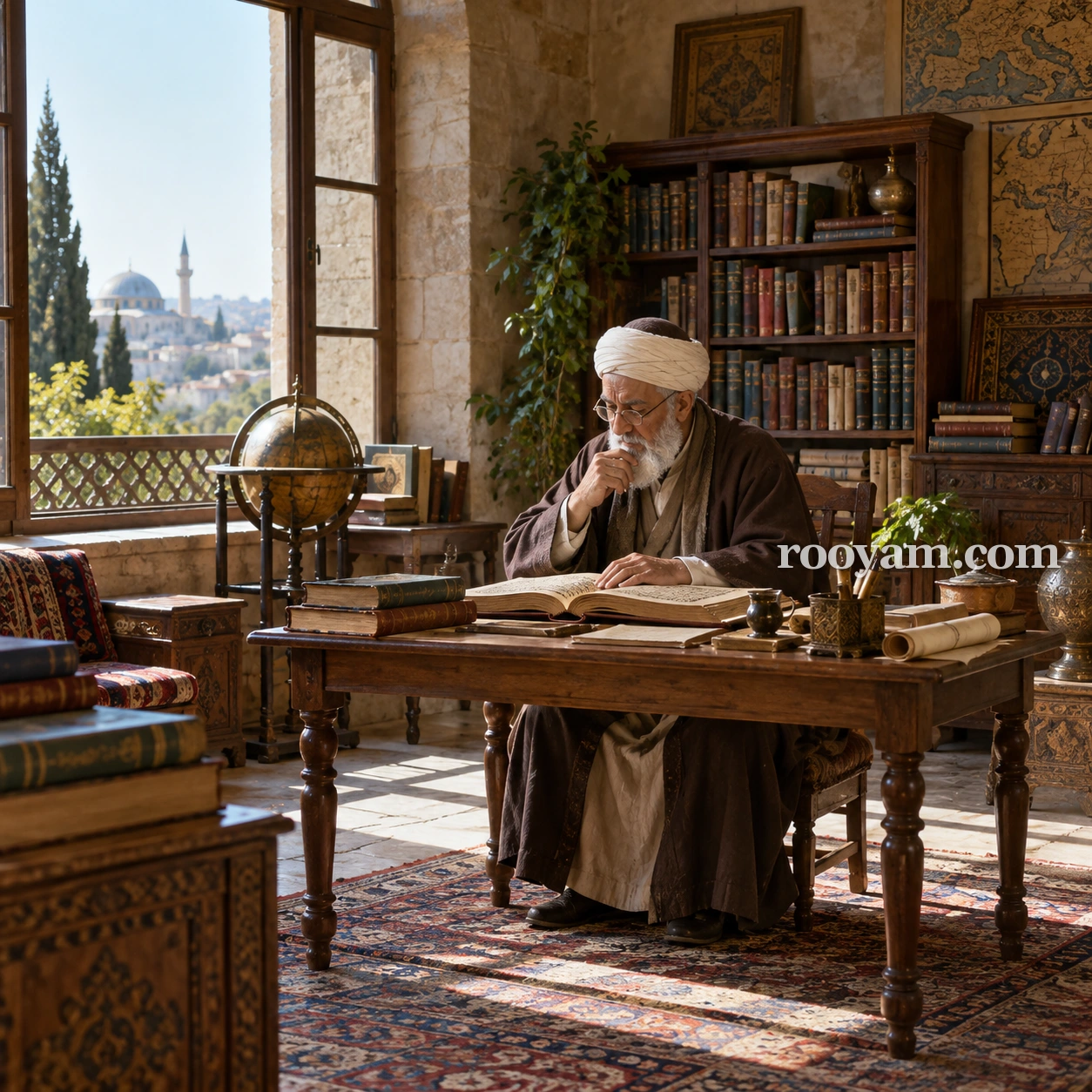 Rüyada Bilgin: sarıklı yaşlı bir adam, kitaplarla çevrili ahşap masada açık bir kitap okuyor.