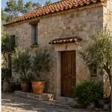 Rustic stone house with a wooden door