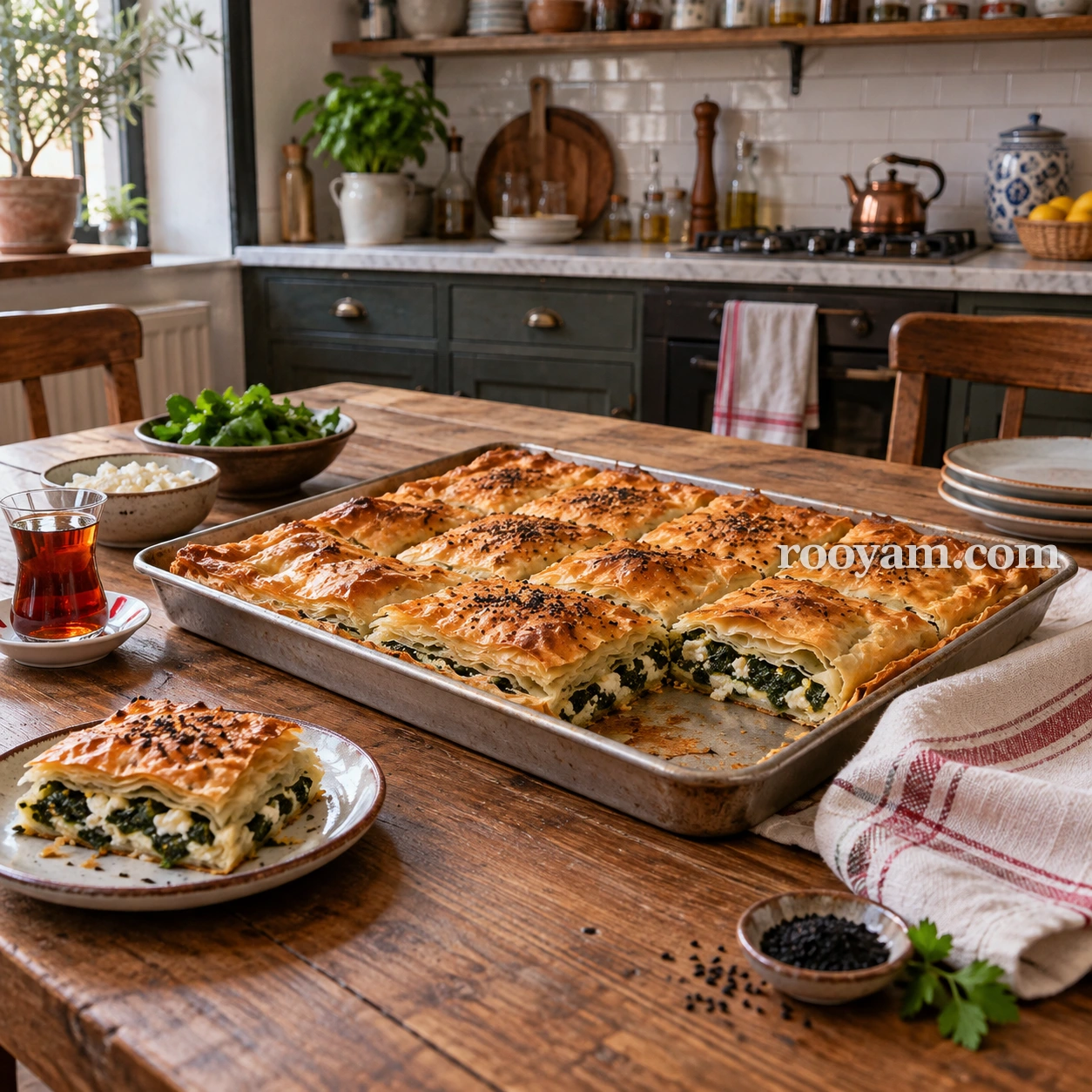 Rüyada Börek: mutfakta, çayın yanında fırın tepsisinde altın renginde ıspanaklı peynirli börek duruyor.