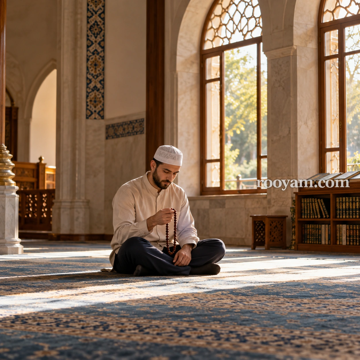 Rüyada Zikir: bir adam cami halısında bağdaş kurmuş, elinde tespih tutuyor.
