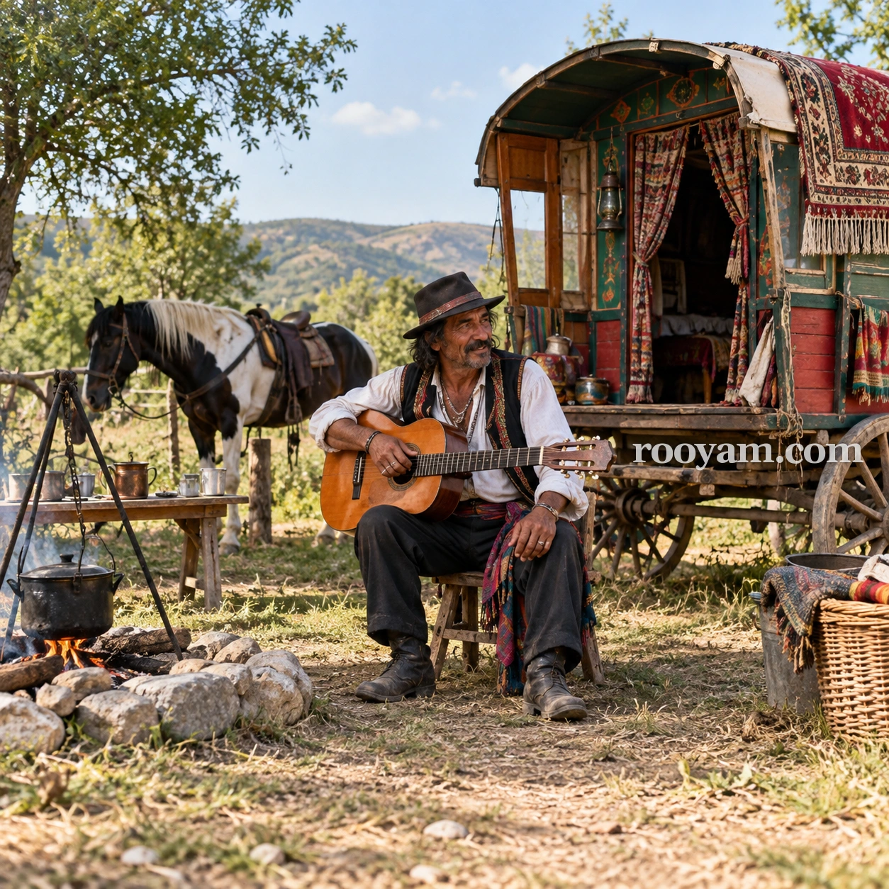 Rüyada Çingene: bir adam, rengârenk bir karavanın, atın ve kamp ateşinin yanında gitar tutuyor.