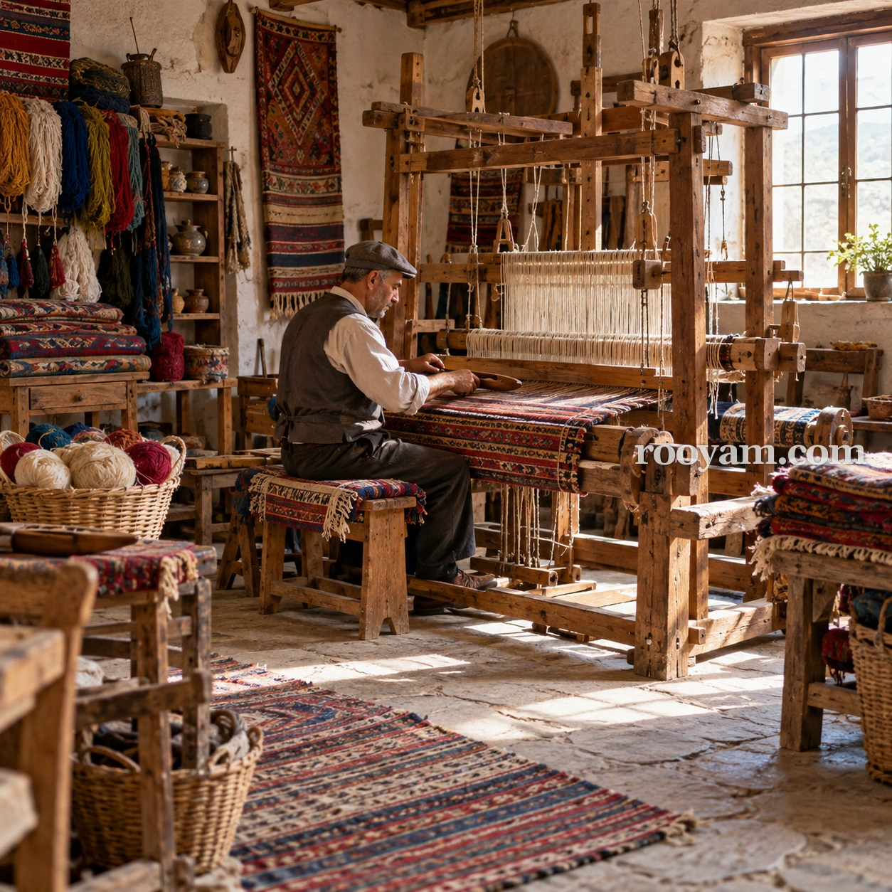 Rüyada Dokumacı: yaşlı bir adam, renkli iplikler ve halılarla çevrili ahşap tezgahta desenli bir kilim dokuyor.