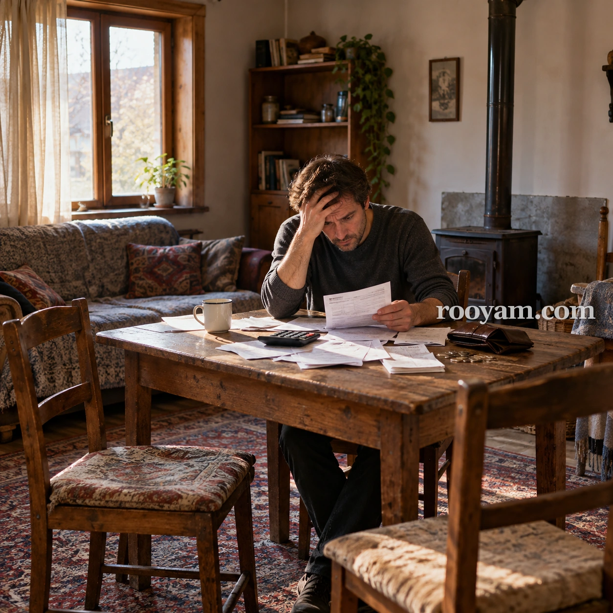 Rüyada Darlık: bir adam ahşap masada oturmuş, faturaları ve alnını tutuyor.