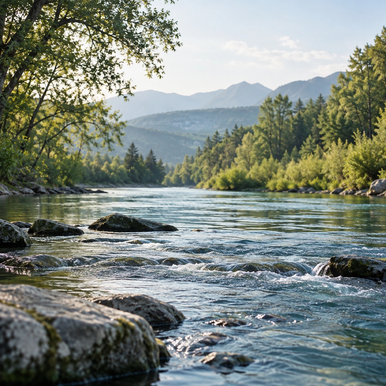 A clear river flowing through a forested mountain landscape