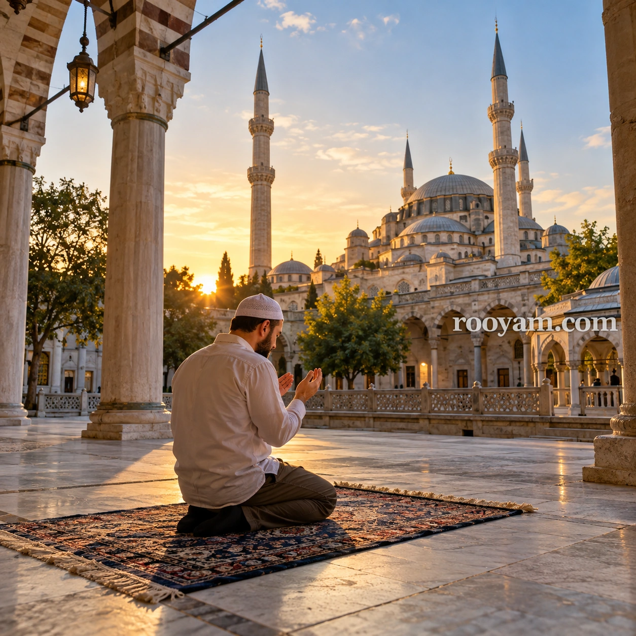 Rüyada Din: bir adam cami avlusunda seccade üzerinde diz çökmüş, ellerini açmış dua ediyor.