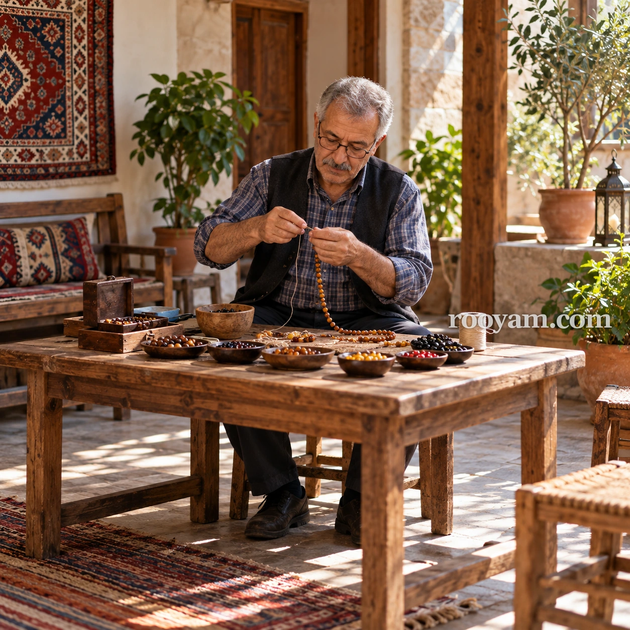 نظم في المنام: رجل مسن ينظم الخرز في خيط على طاولة خشبية تحيط بها أوعية من الخرز الملون.