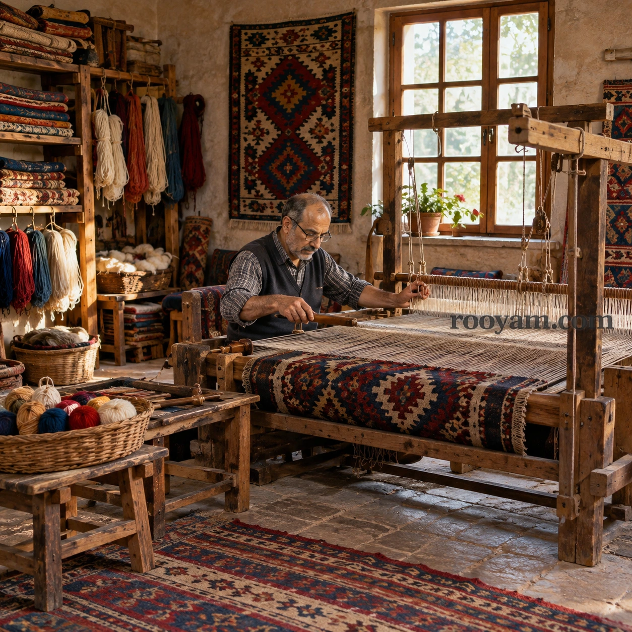 Rüyada Dokumak: yaşlı bir adam, renkli ipliklerle çevrili ahşap bir tezgahta desenli halı dokuyor.