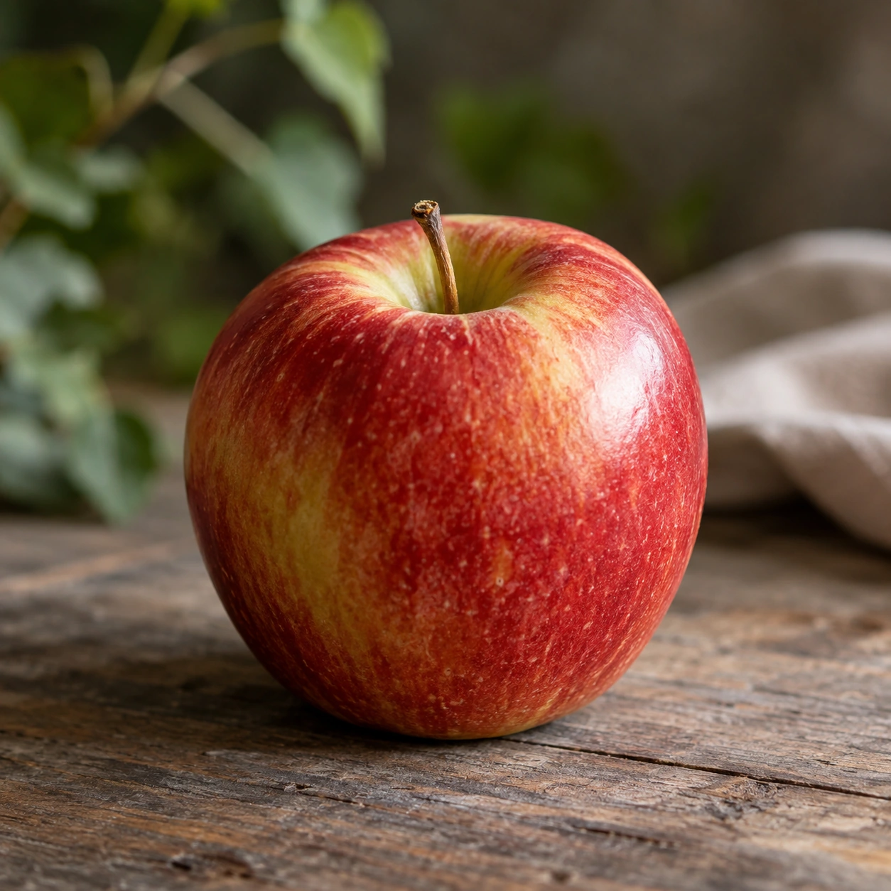A red apple on a natural wooden surface