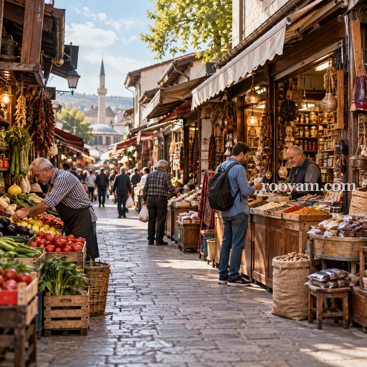 Rüyada Esnaf: Esnaf, kalabalık bir çarşı sokağında müşterilere sebze, meyve ve baharat satıyor.