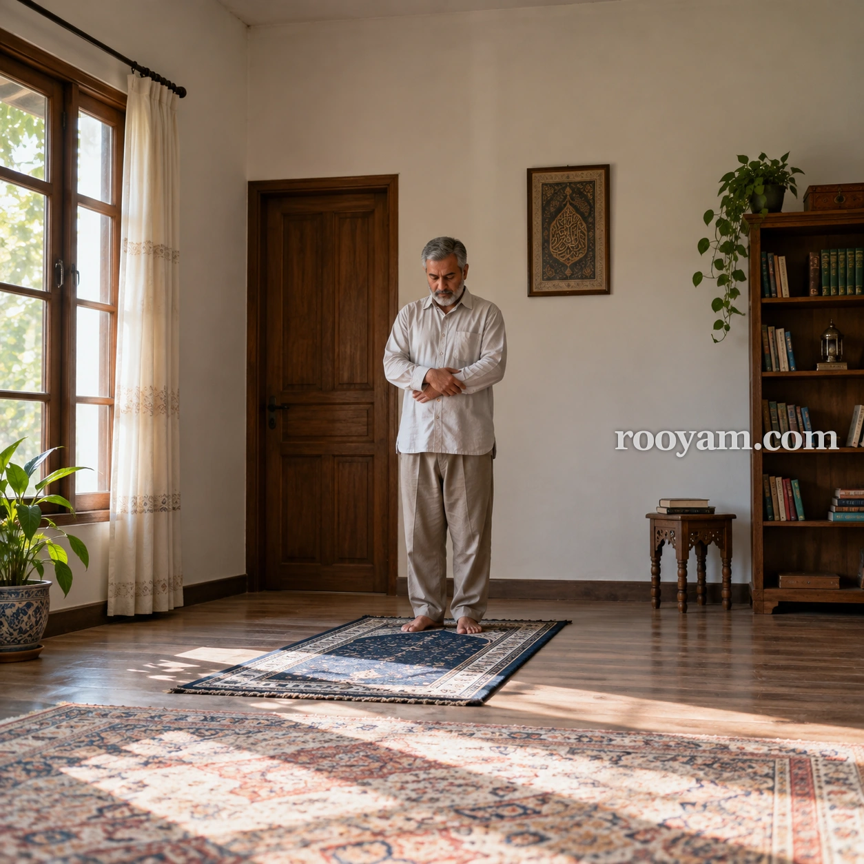 Rüyada Farz namaz: gri saçlı bir adam, güneş ışığı alan bir odada seccade üzerinde ellerini bağlayarak duruyor.