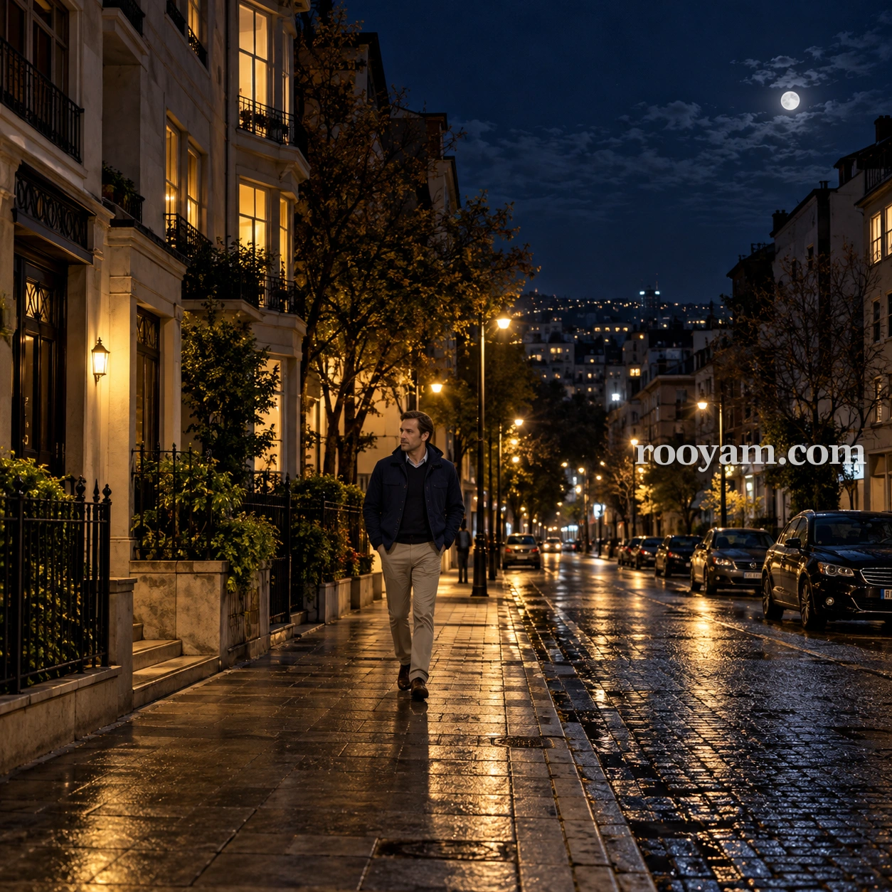 Rüyada Gece: bir adam, sokak lambaları ve ay ışığı altında ıslak bir caddede yürüyor.